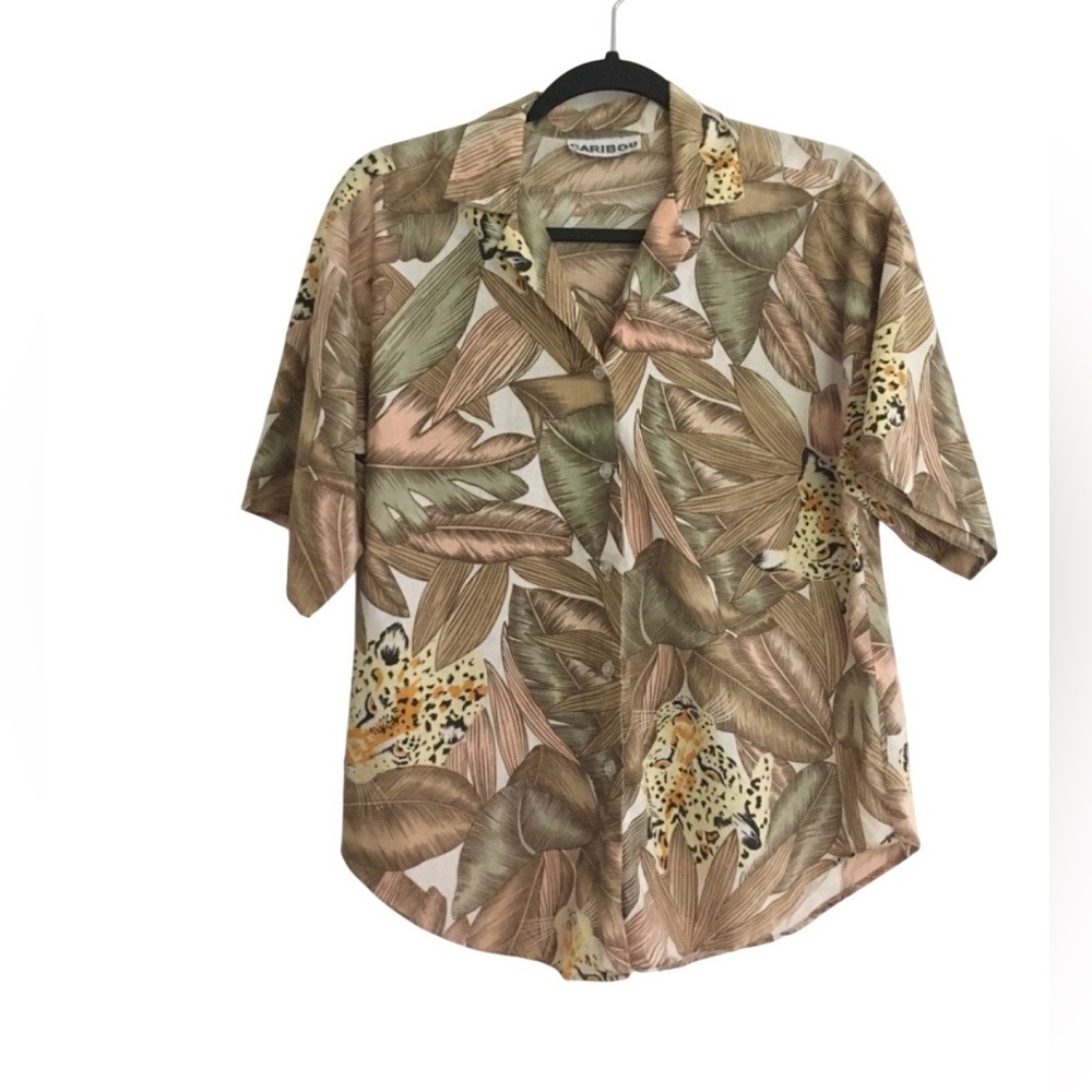 Vintage Leopard Shirt Safari Leaf Short Sleeve Blouse Button Up 80s M